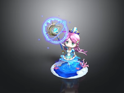 Cartoon Princess Figure With Magic Staff Blue Gem Crown Water Ripple Base And Coral Decorations 3d model