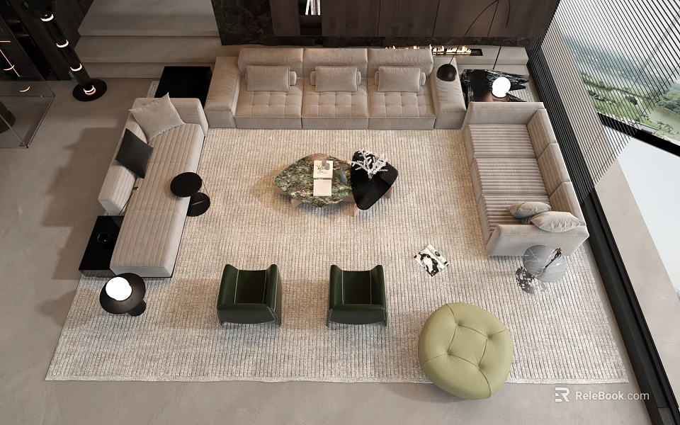 Modern Living Room Sofa Coffee Table Set With Cream Upholstery Green Accent Chairs And Area Rug 3d model 