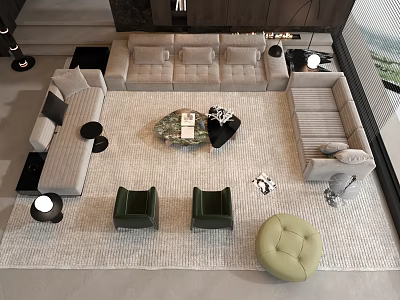 Modern Living Room Sofa Coffee Table Set With Cream Upholstery Green Accent Chairs And Area Rug 3d model