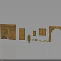 Miniature Wooden Model Components Including Cabinet Door Archway Vent Barrel And Figure On Black Surface