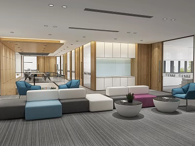 Modern Lounge Area Interior With Colorful Sofas Round Coffee Tables Gray Carpet And Large Windows 3d model