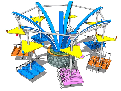 Outdoor Children's Rotating Amusement Ride With Blue Frame Yellow Canopies Central Fountain And Colorful Seats 3d model
