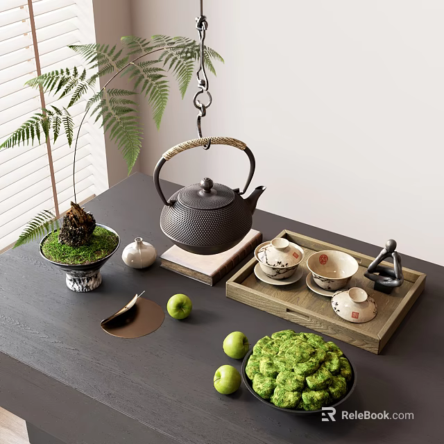 Tea Set with Black Teapot Teacups on Wooden Tray and Green Plant Apples Matcha Dessert 3d model 