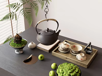 Tea Set with Black Teapot Teacups on Wooden Tray and Green Plant Apples Matcha Dessert 3d model