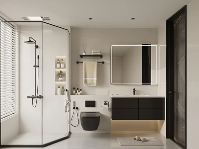 Modern Bathroom With Glass Shower Backlit Mirror Smart Toilet And Vanity 3d model
