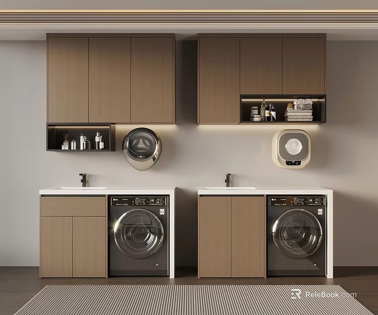 Functional Modern Laundry Room With Wooden Cabinets Two Washing Machines Sinks And Upper Storage 3d model 