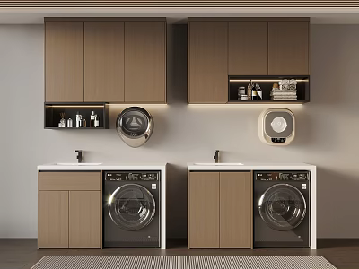 Functional Modern Laundry Room With Wooden Cabinets Two Washing Machines Sinks And Upper Storage 3d model