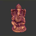 Wooden Elephant Statue Sitting With Decorative Headpiece And Detailed Carvings Against Dark Background