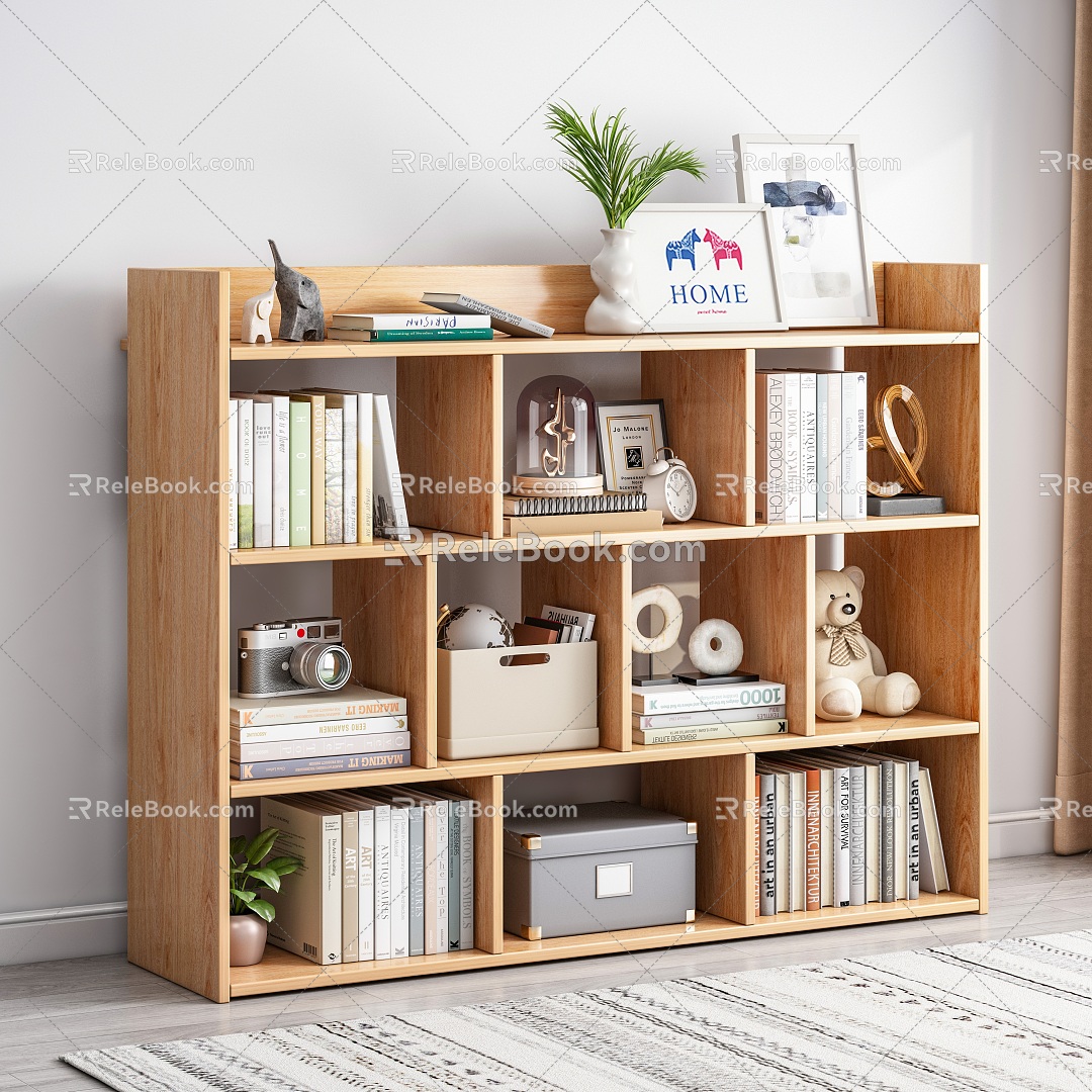 Modern Bookshelf Bookcase Book Storage Box Green Plant Hanging Painting Carpet Curtain Combination 3d model