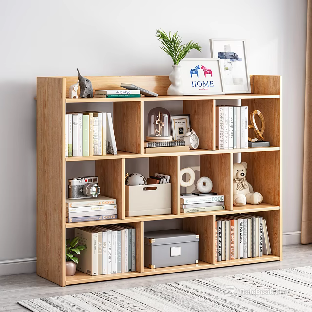 Wooden Bookcase Featuring Books Decorative Items Potted Plant Photo Frame Storage Boxes and Stuffed Toy 3d model 
