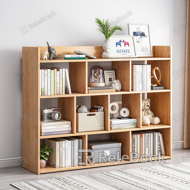 Modern Bookshelf Bookcase Book Storage Box Green Plant Hanging Painting Carpet Curtain Combination model