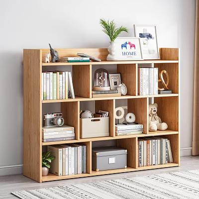 Wooden Bookcase Featuring Books Decorative Items Potted Plant Photo Frame Storage Boxes and Stuffed Toy 3d model