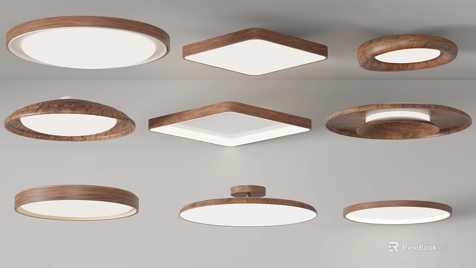 Modern Wooden Frame Ceiling Lights With Round Square Shapes And White Lampshades 3d model 