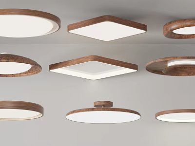 Modern Wooden Frame Ceiling Lights With Round Square Shapes And White Lampshades 3d model