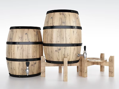 Rustic Wooden Barrels With Black Metal Hoops And Faucets For Home Kitchen Storage And Decor 3d model