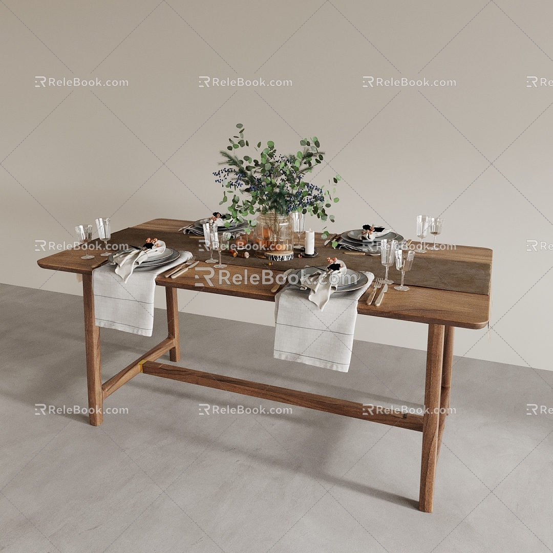 Dining Table Tableware Square Table Wooden Table Long Table Vase Plate Wine Glass 3d model