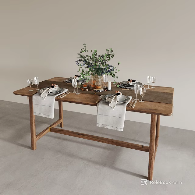 Wooden Dining Table Setup With Tableware Wine Glasses Green Plants And Napkins 3d model 
