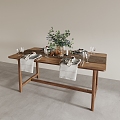 Dining Table Tableware Square Table Wooden Table Long Table Vase Plate Wine Glass 3d model