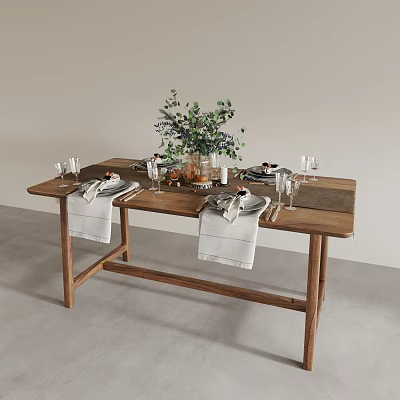 Wooden Dining Table Setup With Tableware Wine Glasses Green Plants And Napkins 3d model