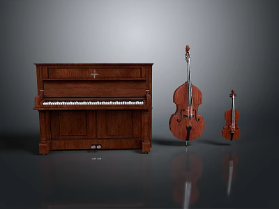 Classical Wooden Musical Instruments Including Piano Double Bass And Violin 3d model