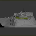 Ancient Architecture 3D Model on Cliff with Courtyard Pathways and Green Areas