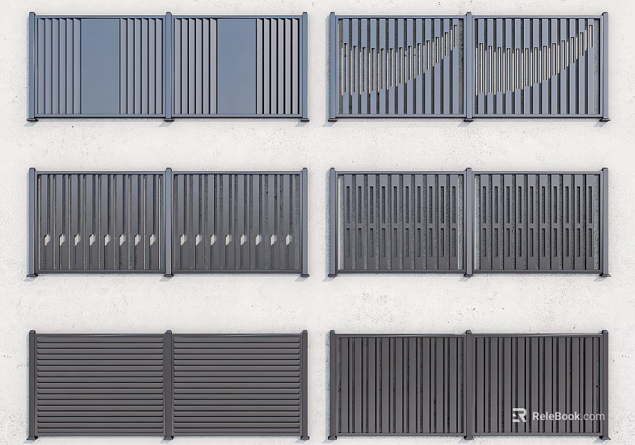 Various Modern Metal Fence Designs With Slatted Patterns And Decorative Elements 3d model