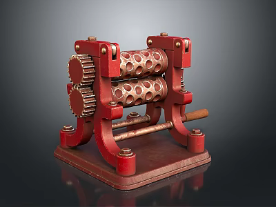 Red Vintage Mechanical Device Featuring Metal Gears Perforated Rollers And Lever On Sturdy Base 3d model