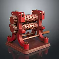 Red Vintage Mechanical Device Featuring Metal Gears Perforated Rollers And Lever On Sturdy Base