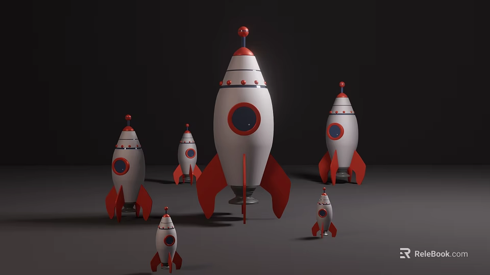 Cute White and Red Rocket Shaped Dolls in Various Sizes with Round Windows 3d model 