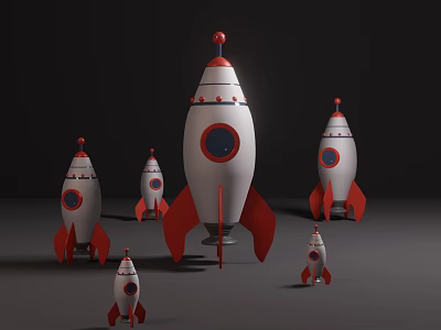 Cute White and Red Rocket Shaped Dolls in Various Sizes with Round Windows 3d model