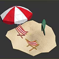 Red And White Striped Sofa Stool On Sandy Ground With Umbrella And Green Sign