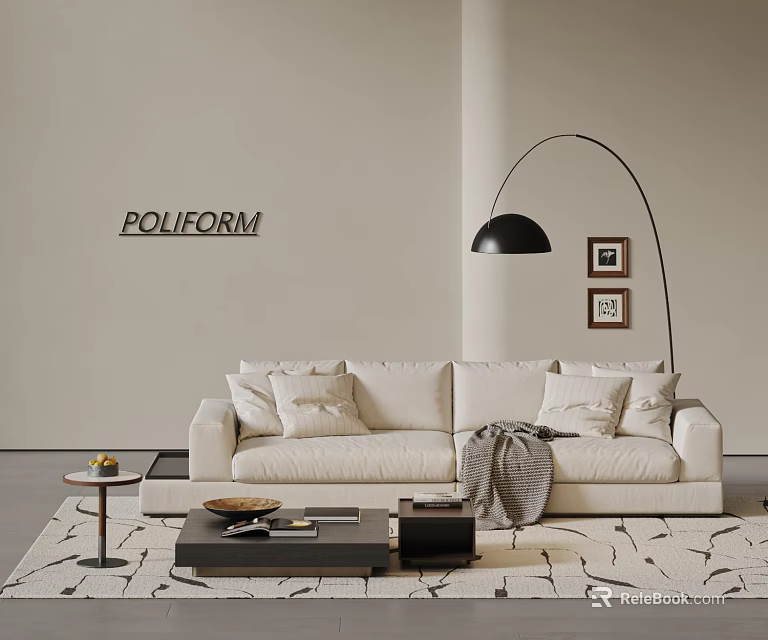 POLIFORM Beige Double Sofa with Cushions Grey Blanket Floor Lamp and Cracked Rug 3d model 