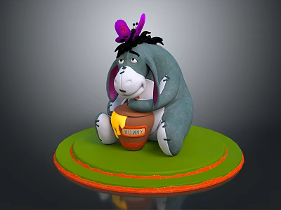 Gray Donkey Doll Holding Honey Jar With Purple Butterfly On Head And Green Base 3d model