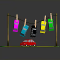 Colorful Toy Cars Hanging On Clothesline With Clothespins And Red Car On Circular Platform