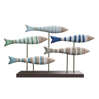 Handcrafted Striped Wooden Fish Sculpture With Blue Green Gray Colors On Stand Base 3d model