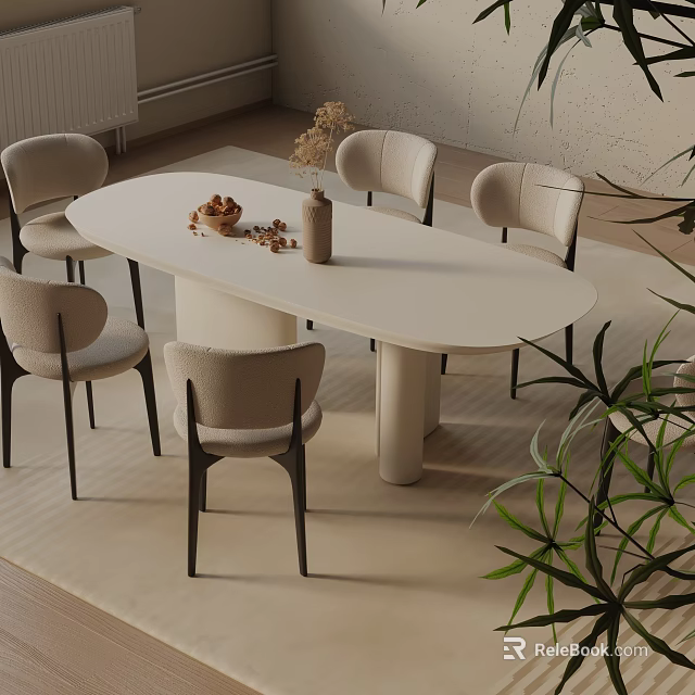 Modern Oval Dining Table Set With Light Colored Chairs Decorative Vase And Green Plants 3d model 