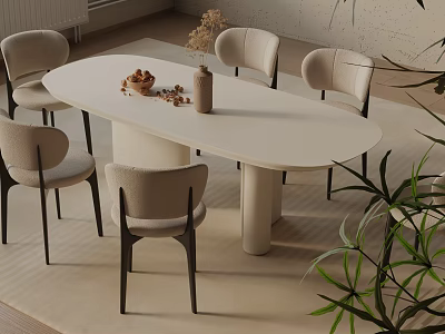 Modern Oval Dining Table Set With Light Colored Chairs Decorative Vase And Green Plants 3d model