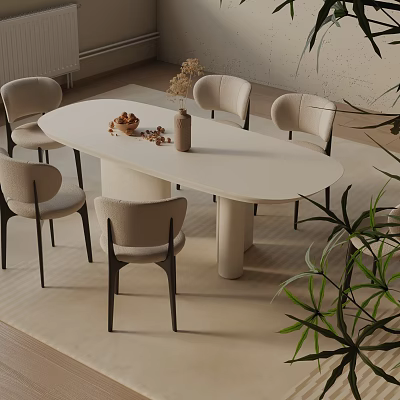 Modern Oval Dining Table Set With Light Colored Chairs Decorative Vase And Green Plants 3d model