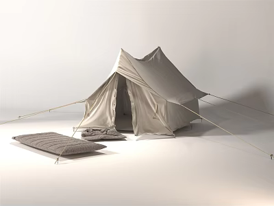 Beige Canvas Camping Tent with Pyramid Top and Outdoor Mattresses 3d model
