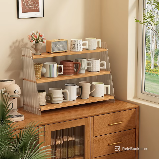 Multi Tiered Storage Shelf With Mugs Radio And Small Potted Plant On Wooden Cabinet 3d model 