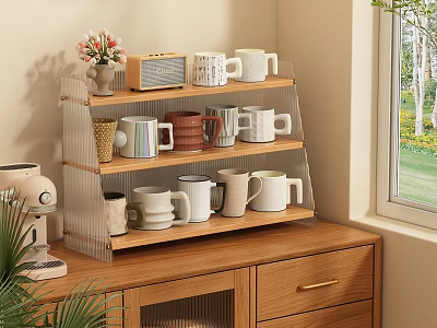 Multi Tiered Storage Shelf With Mugs Radio And Small Potted Plant On Wooden Cabinet 3d model