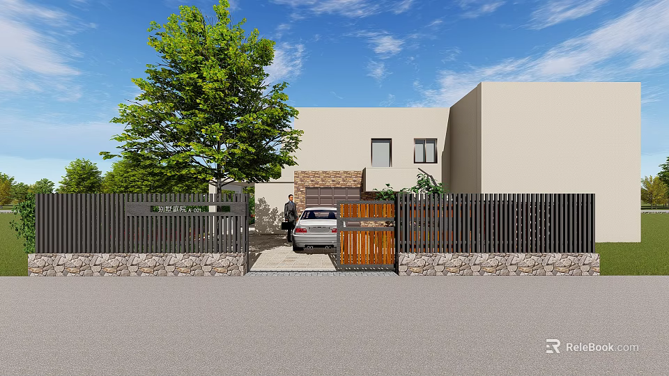 Modern Detached Villa Exterior With Black Fence Gate White Car And Large Tree 3d model 