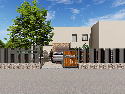 Modern Detached Villa Exterior With Black Fence Gate White Car And Large Tree 3d model