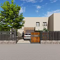 Modern Detached Villa Exterior With Black Fence Gate White Car And Large Tree