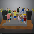 3D Model Colorful Stage Setup With People Speakers Musical Notes And Performance