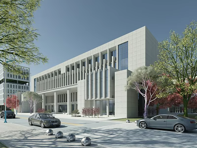 Modern Office Building Exterior With Stone Facade Glass Windows Trees And Parked Cars 3d model