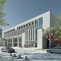 Modern Office Building Exterior With Stone Facade Glass Windows Trees And Parked Cars