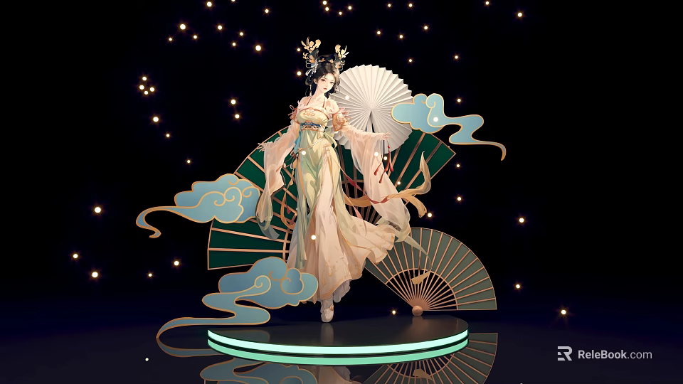 Elegant Traditional Female Figure With White Fan Blue Green Clouds And Glowing Stars 3d model 