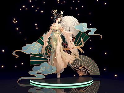 Elegant Traditional Female Figure With White Fan Blue Green Clouds And Glowing Stars 3d model