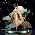 Elegant Traditional Female Figure With White Fan Blue Green Clouds And Glowing Stars